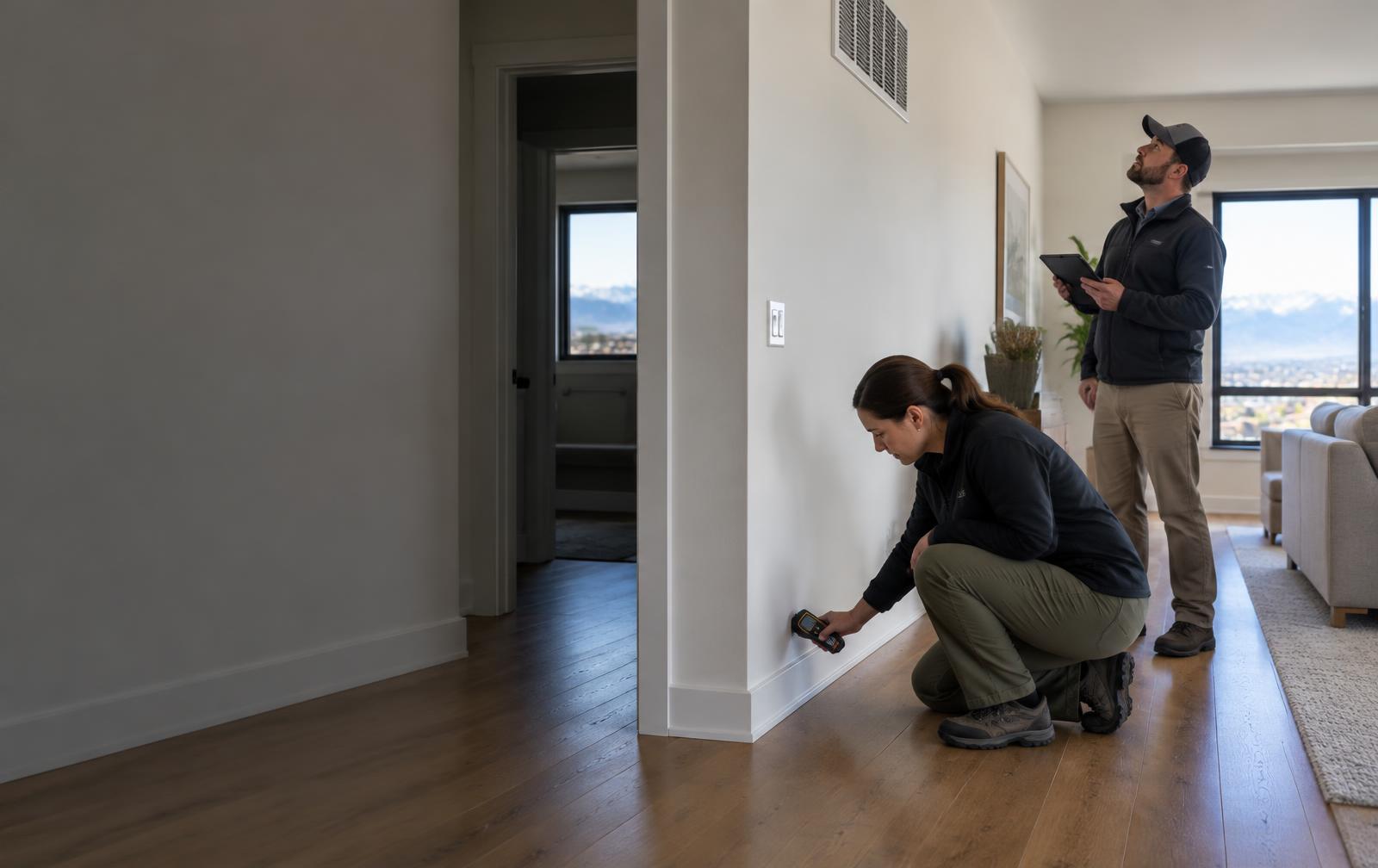 Technicians inspecting a home's baseboards and ventilation for possible odor sources